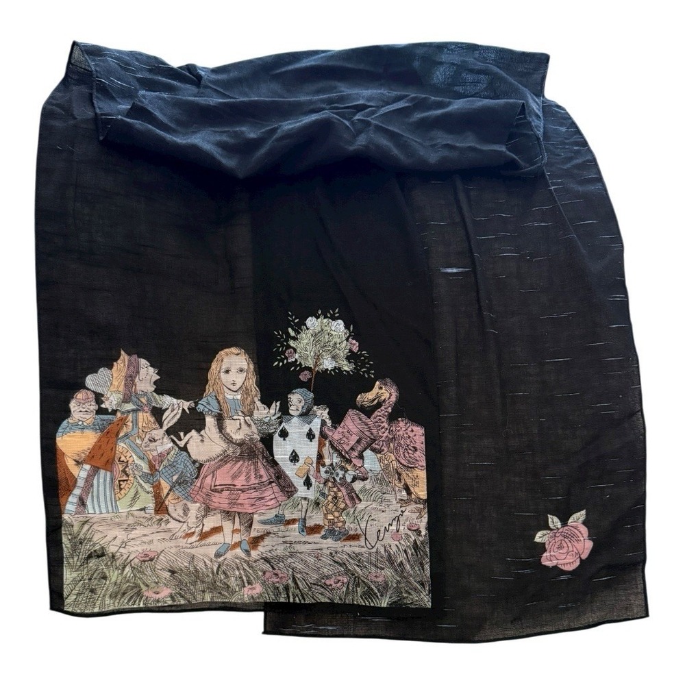 Vtg KENZO Alice in Wonderland Black Cotton Queen Of Hearts Scarf - 11x60" RARE